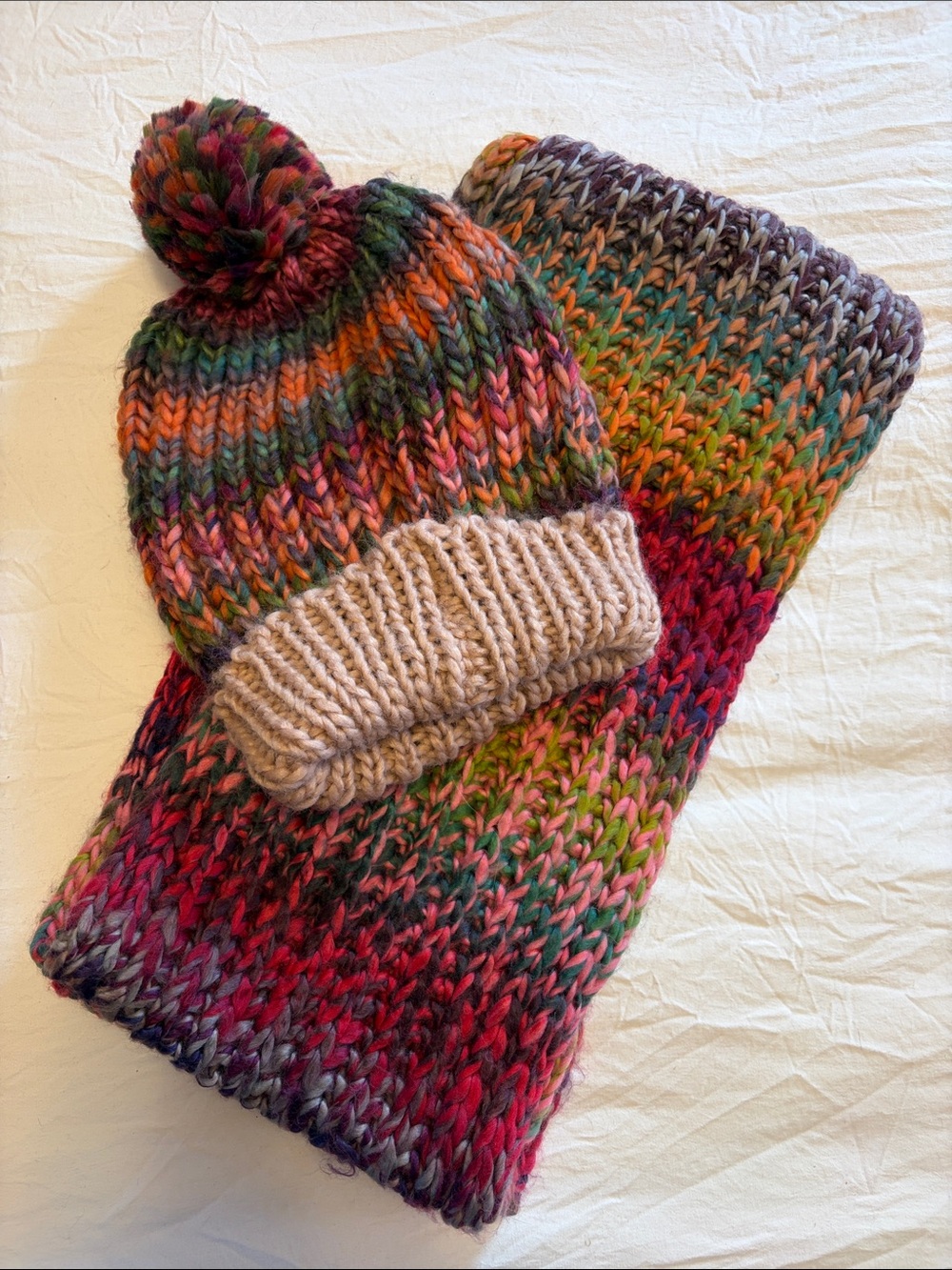 Knit Pom Pom Beanie and Infinity Scarf Set - Multicolor with Cream Cuff
